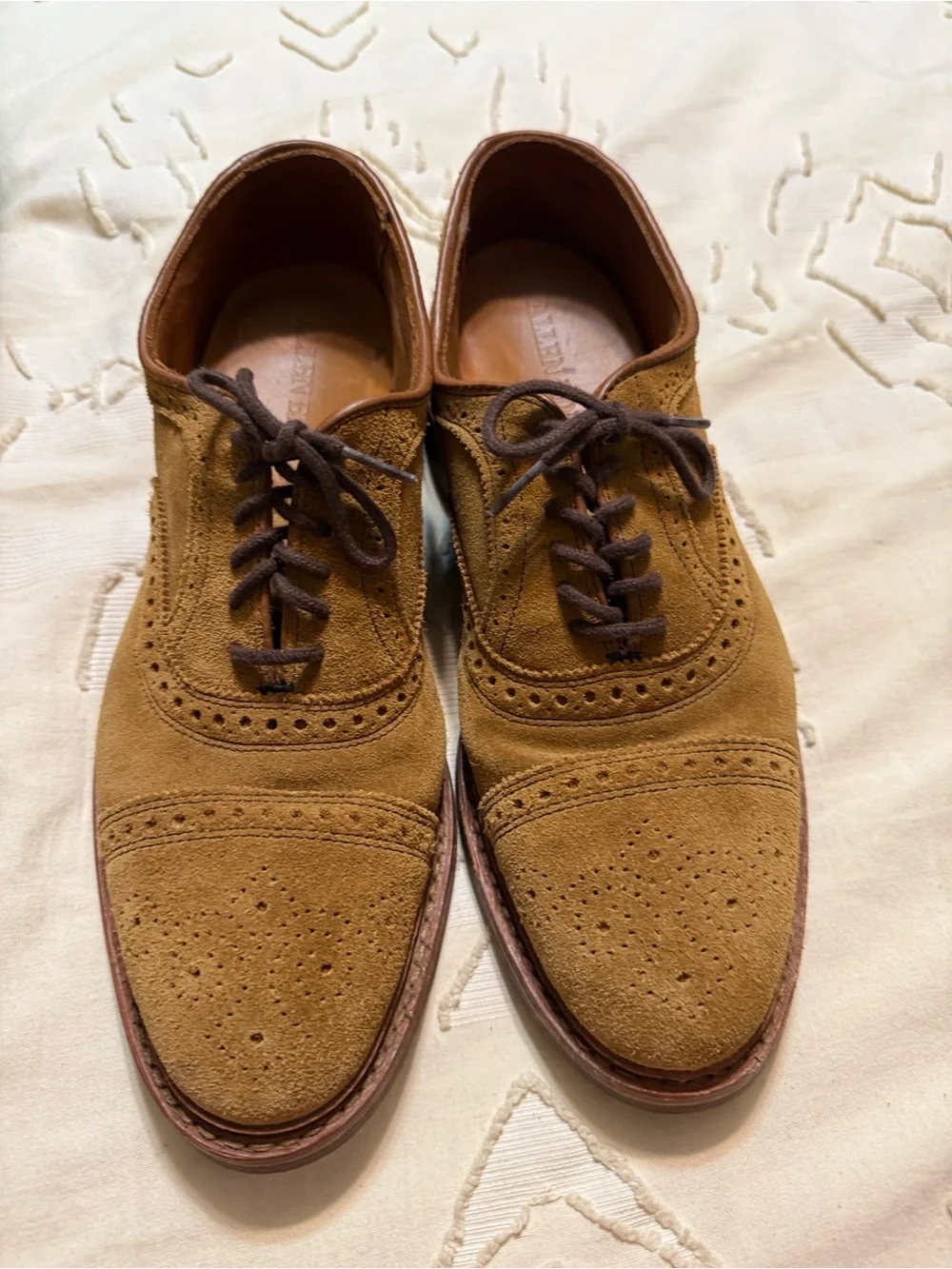Allen Edmonds Tan Suede Wingtip Derbys with Brown Laces